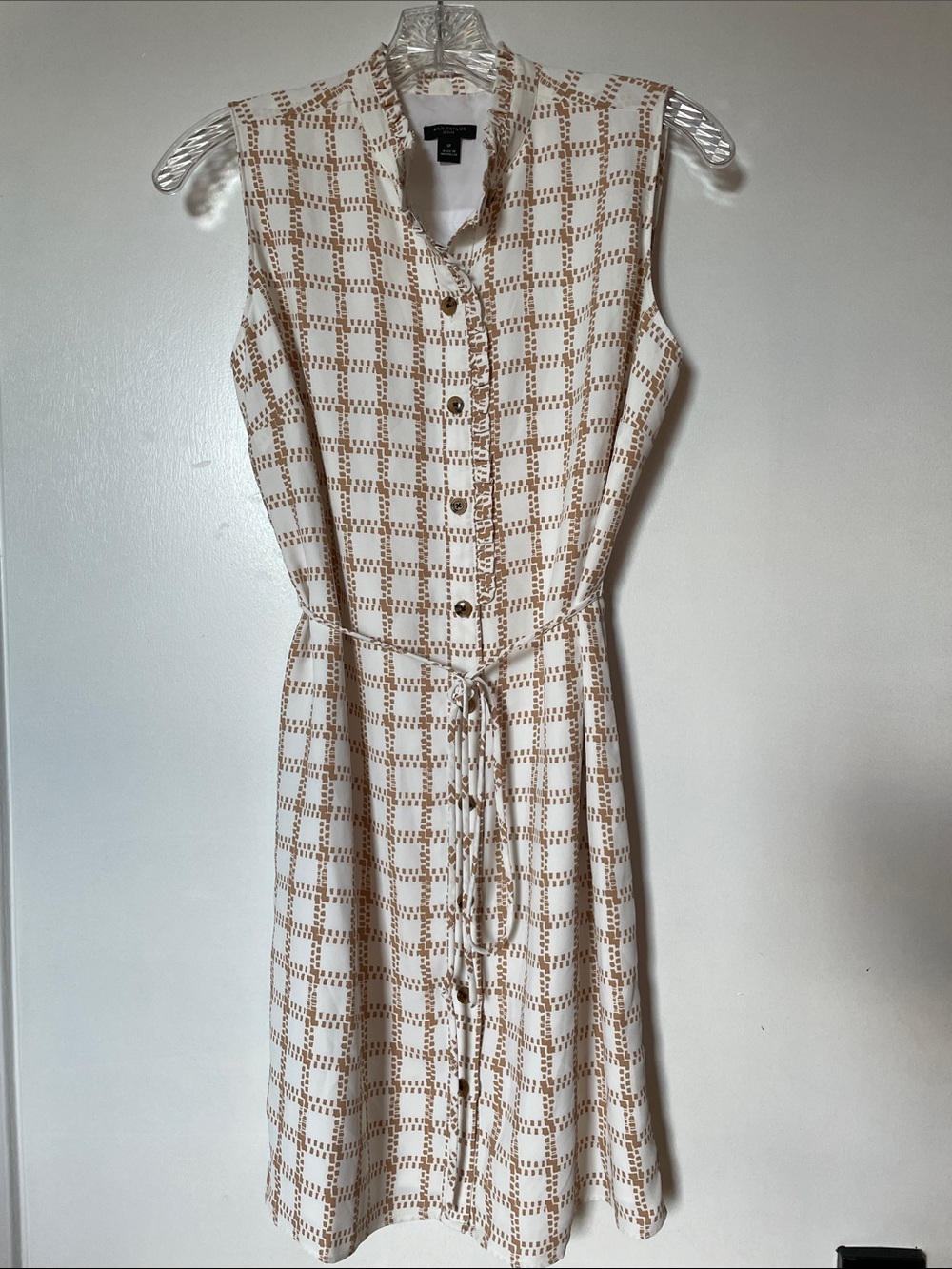 Sleeveless Button-Front Check Mini Dress in White and Tan
